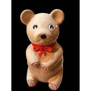 Made In Italy Lord & Taylor Teddy Bear Cookie Jar Ceramic Rich Coffee Color Red